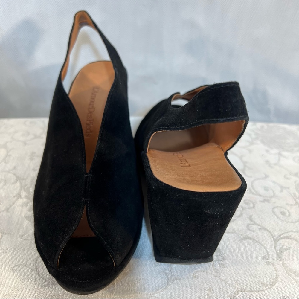 L’ Amour des Pieds Odetta Black Kid Suede Peep Toe Sling Back Wedge Shoes 10 M